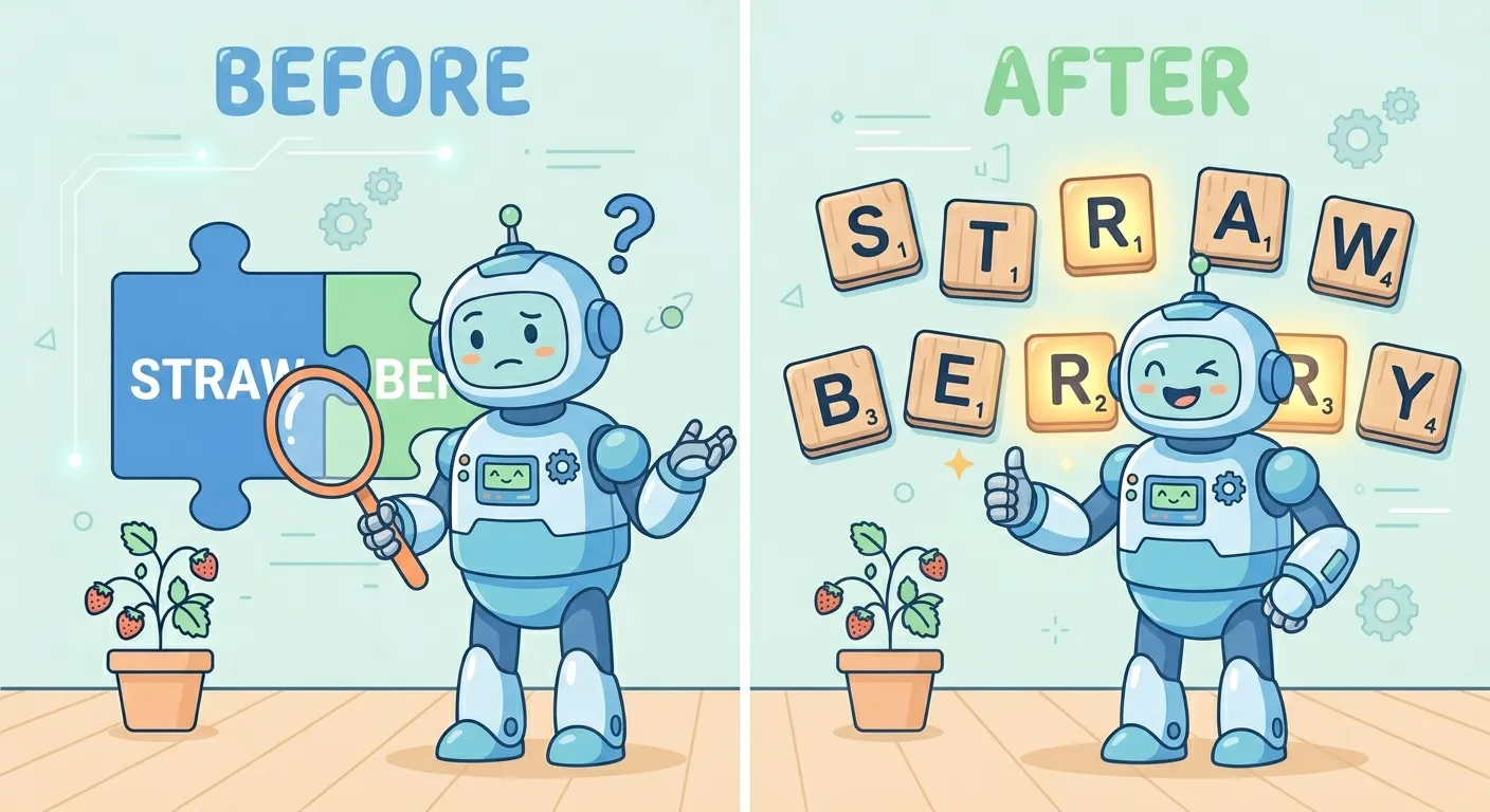 A before-and-after comparison: on the left, a confused robot squints at "strawberry" as a single tokenized block; on the right, a confident robot gives a thumbs-up beside the word spelled out as individual letter tiles, S-T-R-A-W-B-E-R-R-Y.